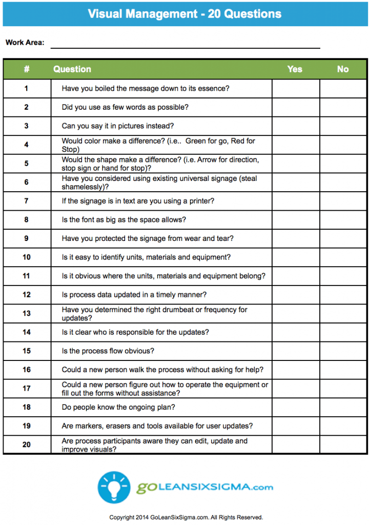 Checklist Forms Questions Download Visual Management Checklist Template. Visual Management - 20 Questions - GoLeanSixSigma.com